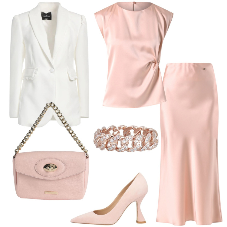Outfit donna - Rosa cipria per una cerimonia. Stile Chic per Cerimonia. Abbinamento con décolleté, blazer, borse a mano, anelli, gonne, top.