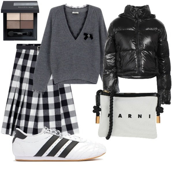 Outfit donna - A spasso per la città. Stile Casual chic per Tutti i giorni. Abbinamento con borse a tracolla, piumini, ombretti, gonne, maglieria, sneakers.