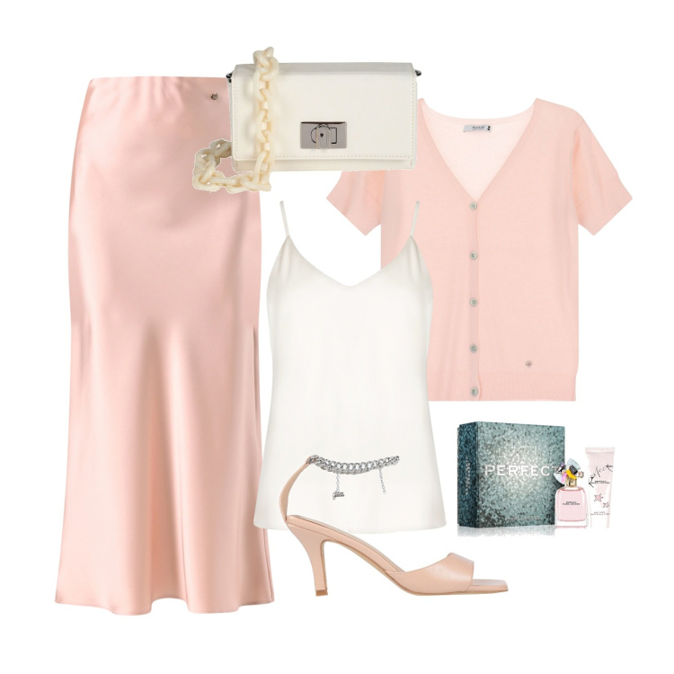 Outfit donna - Tonalità pastello!!!. Stile Bon Ton per Serata fuori. Abbinamento con borse a spalla, sandali in pelle, profumi, top, gonne, cardigans.