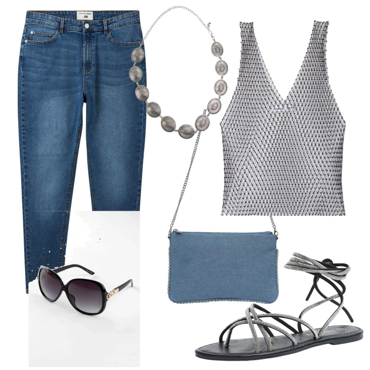 Outfit donna - Total look #2067340. Stile Trendy per Ufficio. Abbinamento con occhiali da sole, borse a tracolla, sandali alla schiava, top, jeans skinny, cinture.