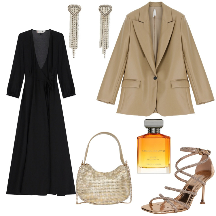 Outfit donna - Total look #2067354. per Serata fuori. Abbinamento con profumi, blazer, vestiti lunghi, sandali col tacco, orecchini, borse a spalla.