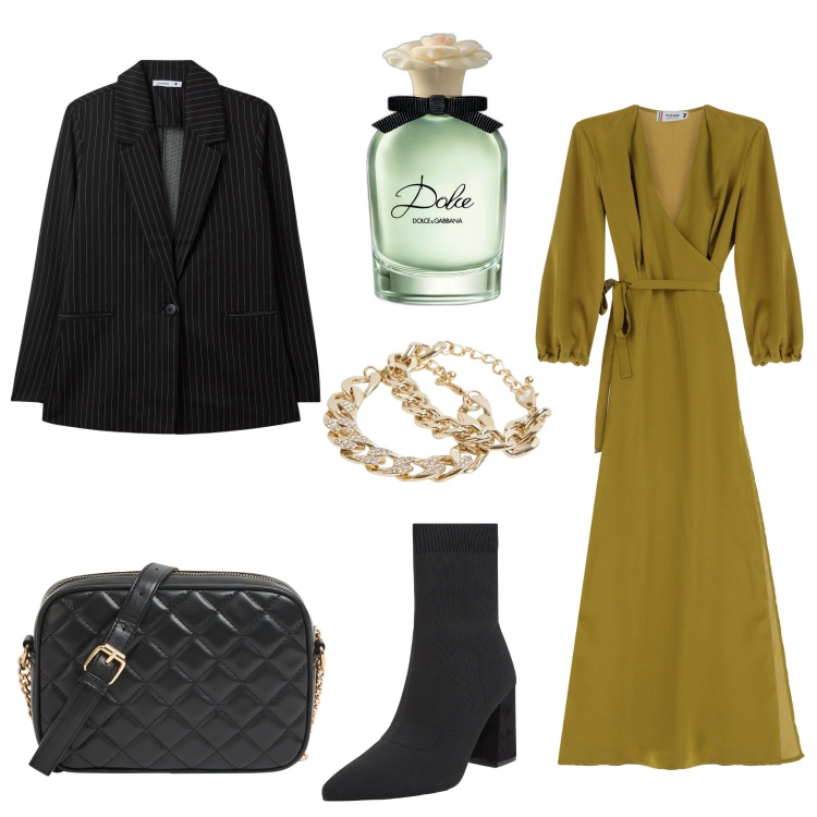 Outfit donna - Total look #2067356. per Serata fuori. Abbinamento con profumi, borse a tracolla, blazer, stivaletti, braccialetti, vestiti lunghi.