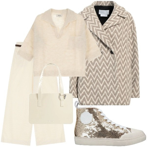 Outfit donna - Domenica mattina. Stile Glamour per Tutti i giorni. Abbinamento con sneakers alte, caban, borse a mano, maglieria, pantaloni.