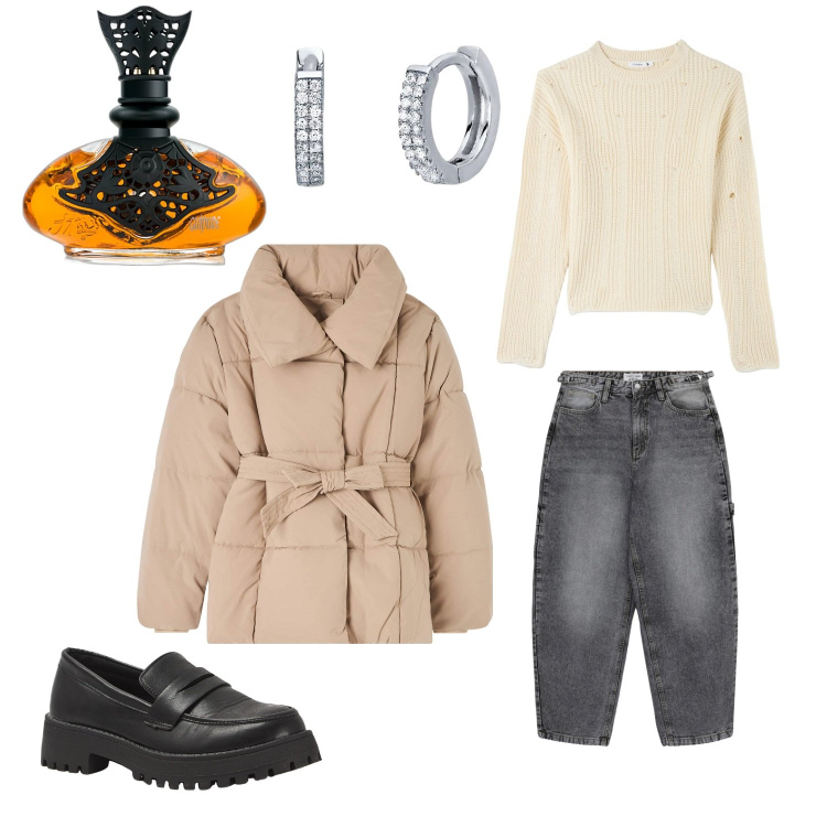 Outfit donna - Total look #2067359. per Tutti i giorni. Abbinamento con mocassini, piumini, maglieria, jeans, profumi, orecchini.