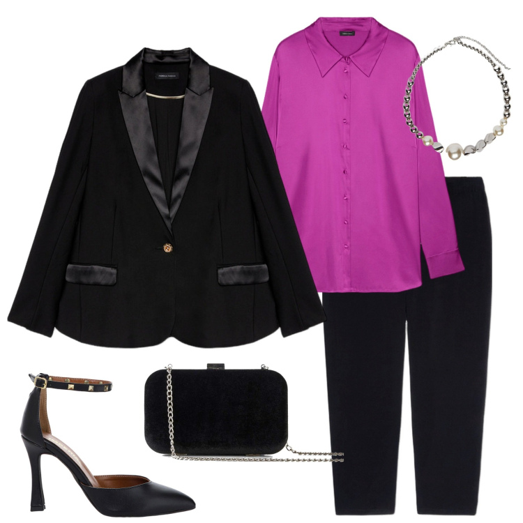 Outfit donna - Cerimonia a febbraio. Stile Chic per Cerimonia. Abbinamento con pochette, décolleté, collane, blazer, pantaloni, camicie.