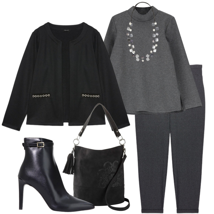 Outfit donna - In ufficio. Stile Casual chic per Ufficio. Abbinamento con borse a mano, maglieria, stivaletti, blazer, pantaloni, collane.