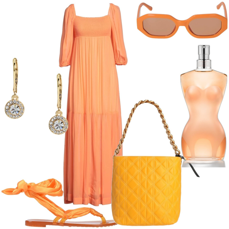 Outfit donna - Total orange estivo. Stile Casual chic per Tutti i giorni. Abbinamento con vestiti lunghi, infradito, borse a mano, profumi, orecchini, occhiali da sole.