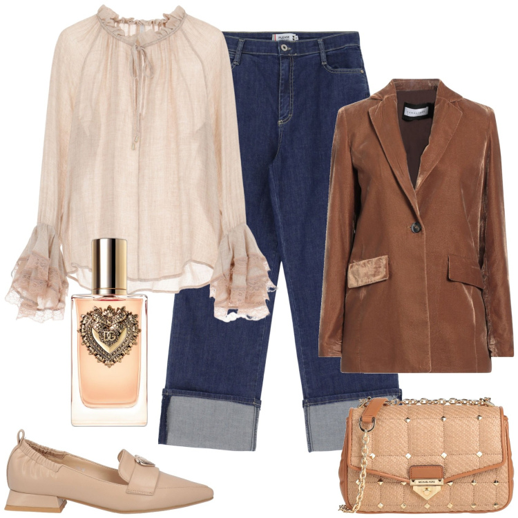 Outfit donna - Boho chic. Stile Casual chic per Tutti i giorni. Abbinamento con borse a tracolla, blazer, mocassini, profumi, jeans, bluse.