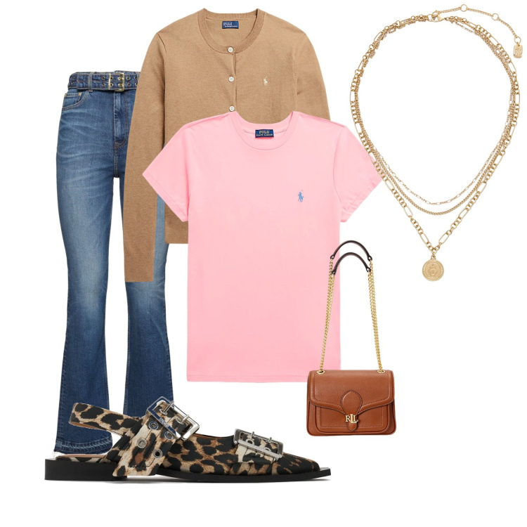 Outfit donna - A touch of maculato. Stile Trendy per Serata fuori. Abbinamento con ciondoli, borse a spalla, cardigans, t-shirt, ballerine, jeans dritti.