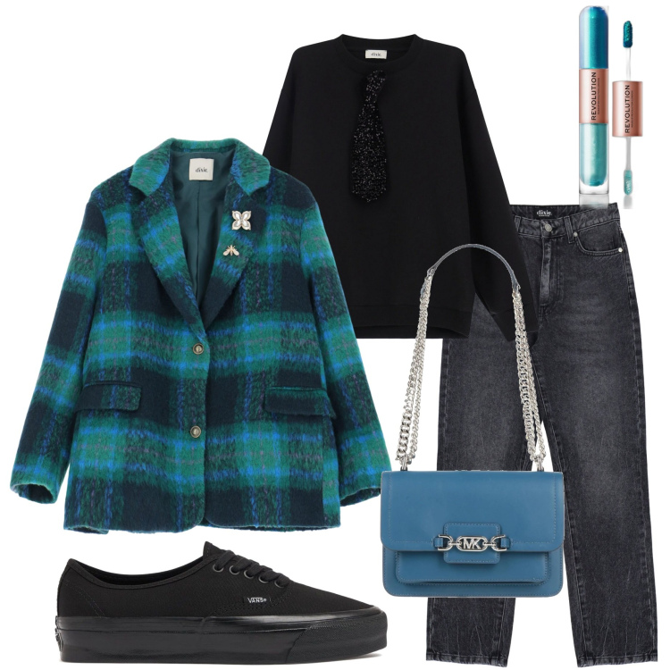 Outfit donna - Total look #2067388. Stile Casual chic per Tutti i giorni. Abbinamento con borse a spalla, ombretti, jeans, blazer, felpe, sneakers.