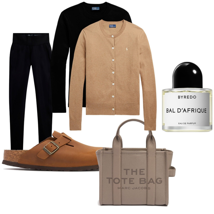 Outfit donna - Mattinata in New York ️. Stile Basic per Tutti i giorni. Abbinamento con profumi, leggings, t-shirt, cardigans, shopping bag, pantofole.