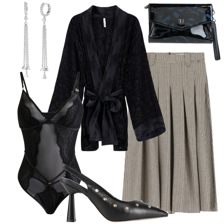 Outfit donna - Giacca kimono. Stile Chic per Tutti i giorni. Abbinamento con body, décolleté, borse a mano, kimono, gonne lunghe, orecchini.