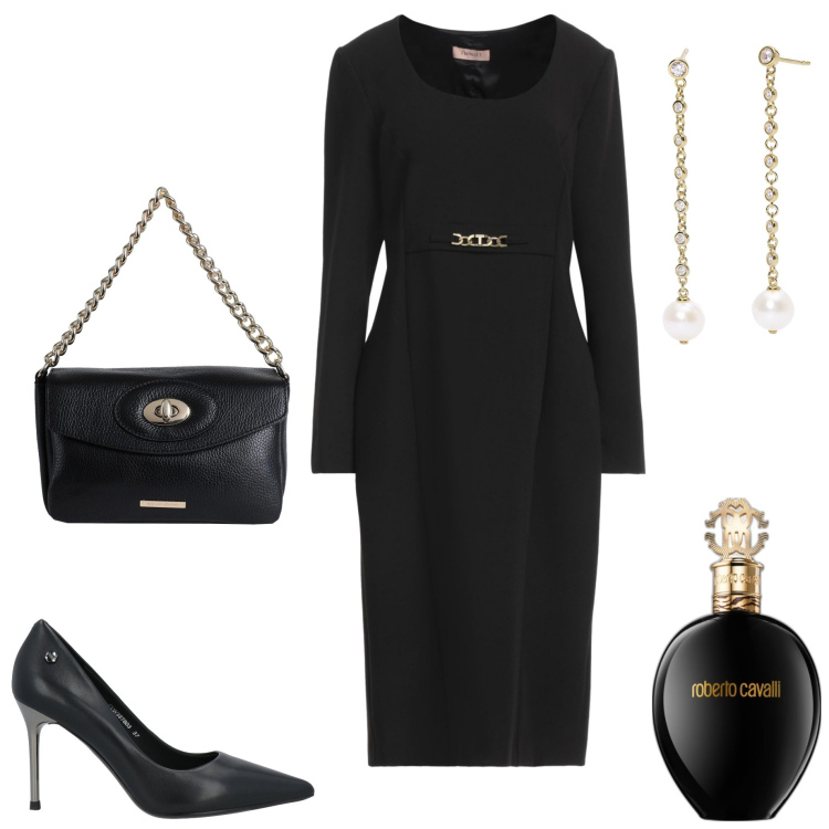 Outfit donna - Serata fuori. Stile Chic per Serata fuori. Abbinamento con vestiti midi/longuette, borse a mano, décolleté, profumi, orecchini.