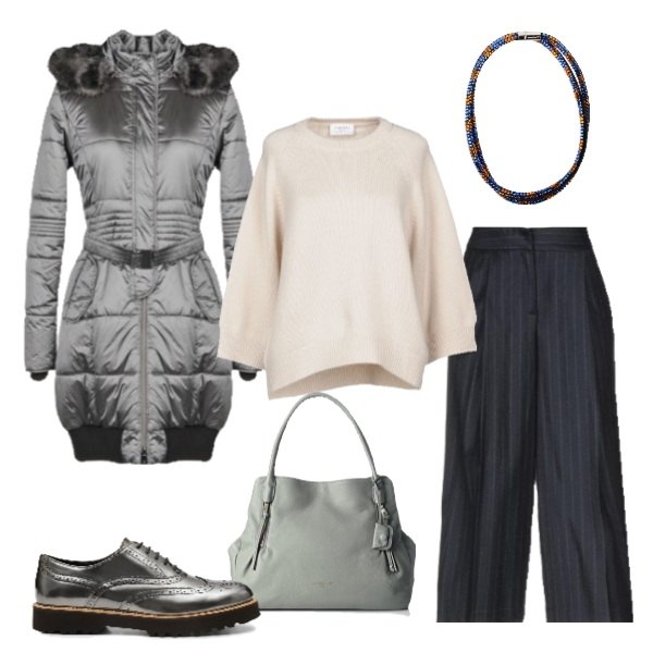 Outfit donna - Così in ufficio. Stile Bon Ton per Ufficio. Abbinamento con piumino, pantalone capri motivo gessato vita alta con zip interno sfoderato in flanella con gancetto, pullover lavorato a maglia collo tondo a maniche 3/4 tinta unita, collana con strass effetto scamosciato a calamita, scarpe stringate con stringhe effetto metallizzato, borsa a spalla grigio.