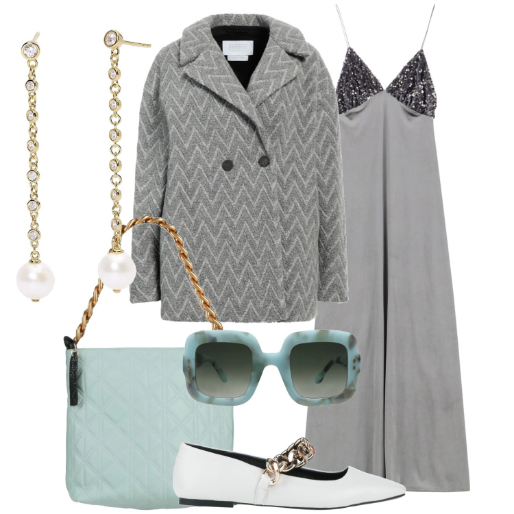 Outfit donna - Verde acqua. Stile Glamour per Tutti i giorni. Abbinamento con caban, borse a mano, occhiali da sole, ballerine, orecchini, vestiti lunghi.