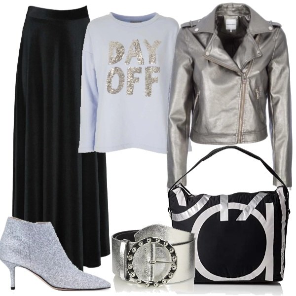 Outfit donna - Day off..... cyber monday. Stile Trendy per Serata fuori. Abbinamento con gonna lunga con zip in velluto made italy, maglia con paillettes scollatura a maniche lunghe blu, borsa a spalla nero, cintura effetto metallizzato argento, giacca con zip in ecopelle eco argento e nero, tronchetti con tacchi argento.
