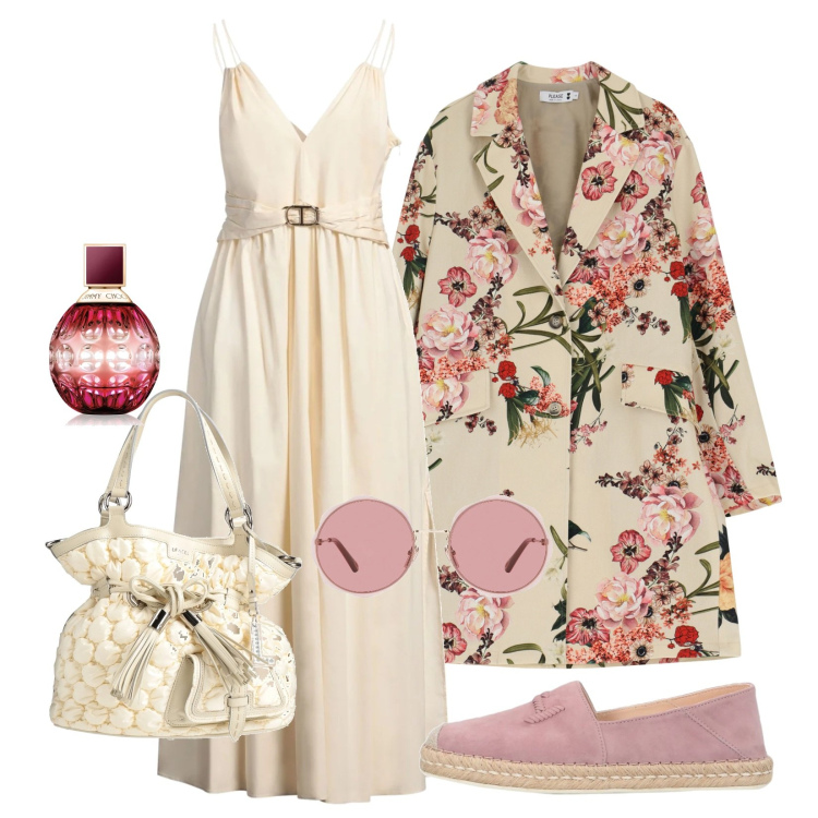 Outfit donna - Anticipando primavera!. Stile Casual chic per Serata fuori. Abbinamento con borse a secchiello, vestiti lunghi, espadrillas, occhiali da sole, profumi, trench.