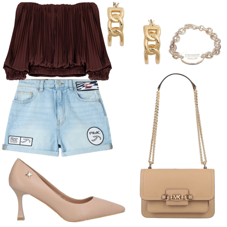 Outfit donna - Trendy night. Stile Trendy per Serata fuori. Abbinamento con braccialetti, décolleté, borse a spalla, shorts, top, orecchini.