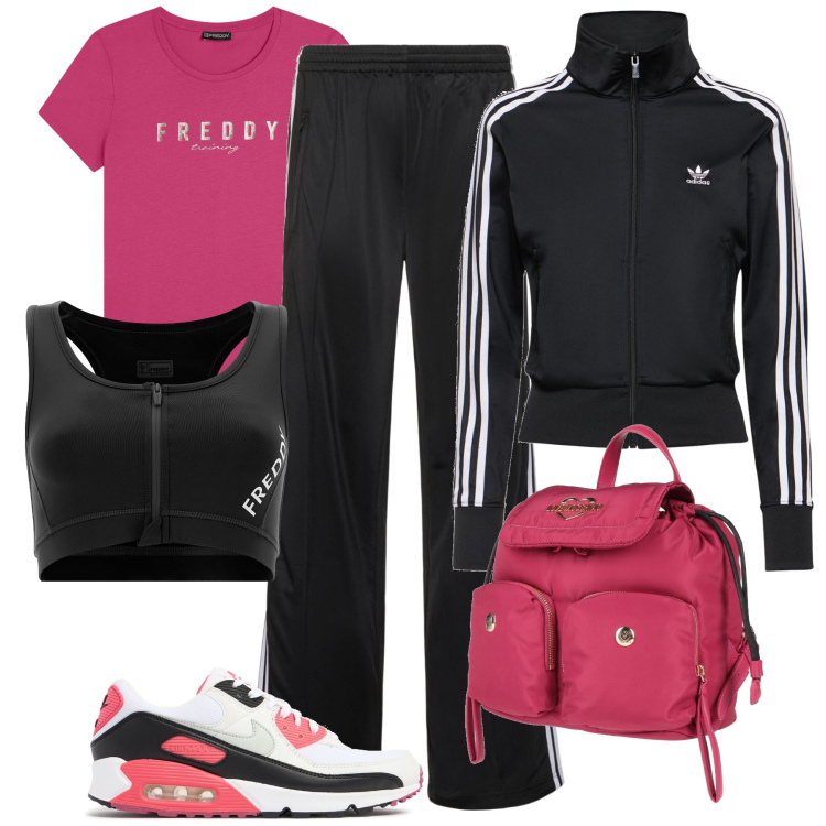 Outfit donna - Giornata di allenamento. Stile Basic per Sport. Abbinamento con zaini, t-shirt, reggiseni, blazer, pantaloni, sneakers.