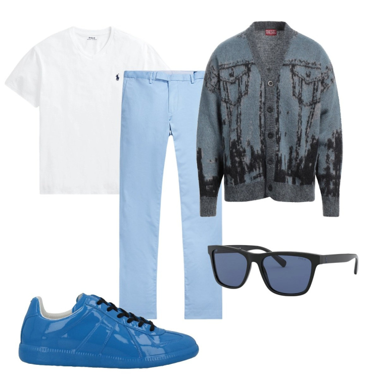Outfit uomo - Total look #2067462. Stile Trendy per Tutti i giorni. Abbinamento con sneakers, cardigans, pantaloni chino, occhiali da sole, t-shirt.