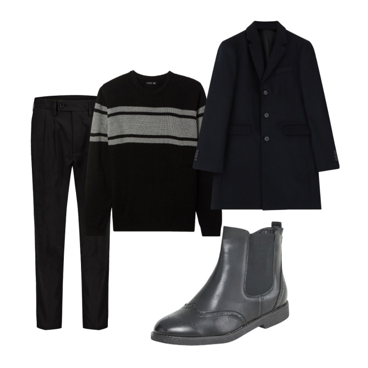 Outfit uomo - Total look #2067468. Stile Trendy per Ufficio. Abbinamento con stivali e stivaletti, maglieria, cappotti, pantaloni.