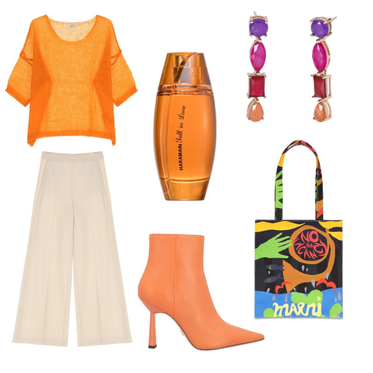 Outfit donna - Juicy Orange. Stile Casual chic per Tutti i giorni. Abbinamento con stivaletti, profumi, orecchini, pantaloni a palazzo, pullovers, borse tote.