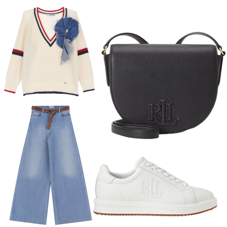 Outfit donna - Aperitivo. Stile Trendy per Tutti i giorni. Abbinamento con maglieria, jeans, sneakers, borse a tracolla.