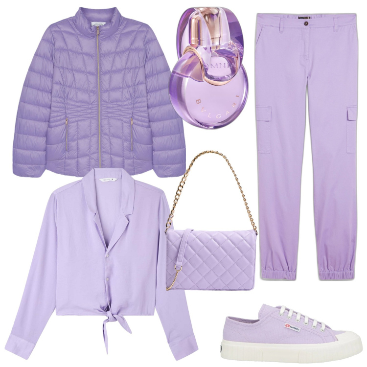 Outfit donna - Lilla per tutti i giorni. Stile Sporty chic per Tutti i giorni. Abbinamento con pantaloni cargo, sneakers, profumi, camicie, borse a tracolla, piumini.