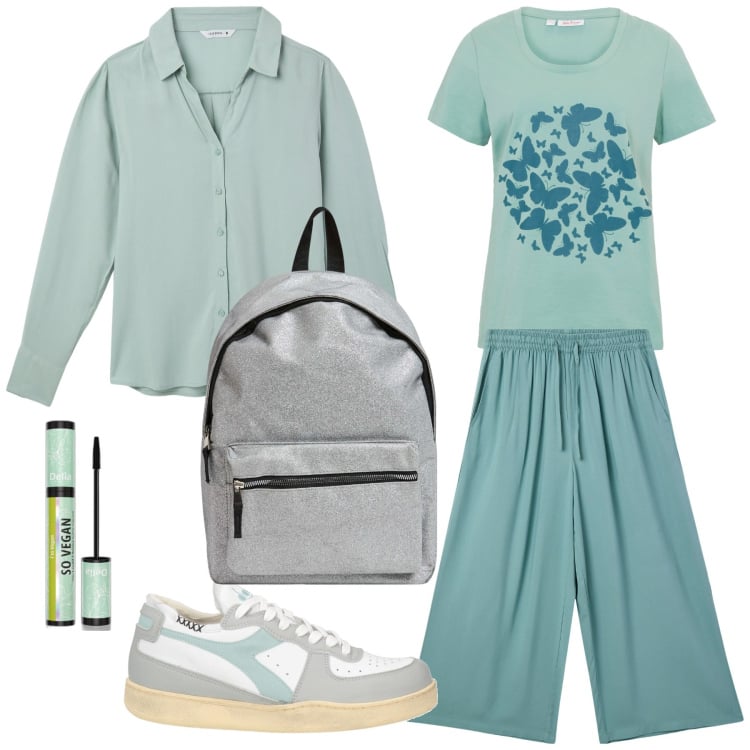 Outfit donna - Sfumature per tutti i giorni. Stile Sporty chic per Scuola/Università. Abbinamento con sneakers, t-shirt, mascara, pantaloni a palazzo, camicie, zaini.