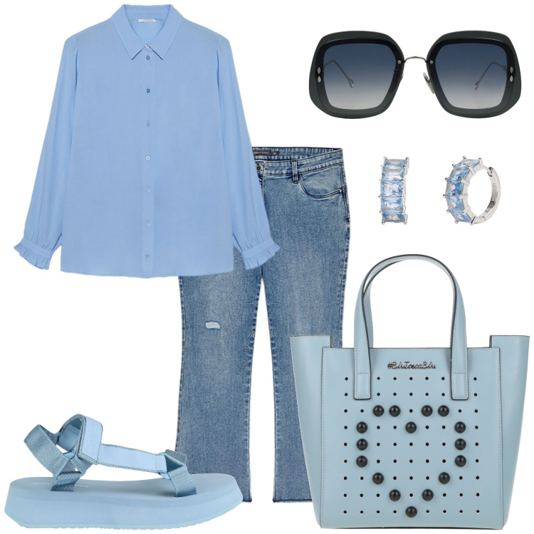 Outfit donna - Vi piace come mi vesto. Stile Casual per Tutti i giorni. Abbinamento con occhiali da sole, borse a mano, sandali, orecchini, camicie, jeans strappati.