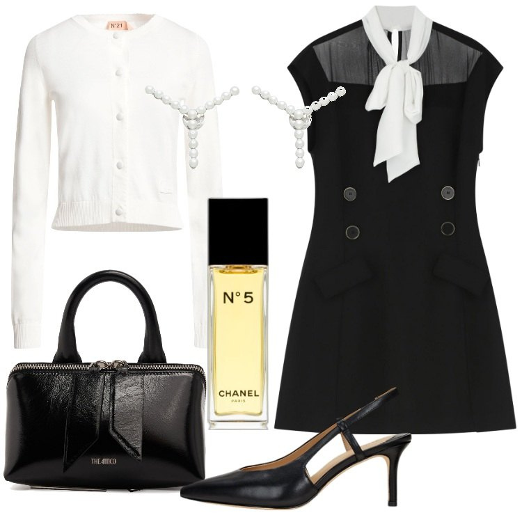 Outfit donna - Bon Ton. Stile Bon Ton per Tutti i giorni. Abbinamento con orecchini, cardigans, profumi, vestiti corti, décolleté, borse a mano.