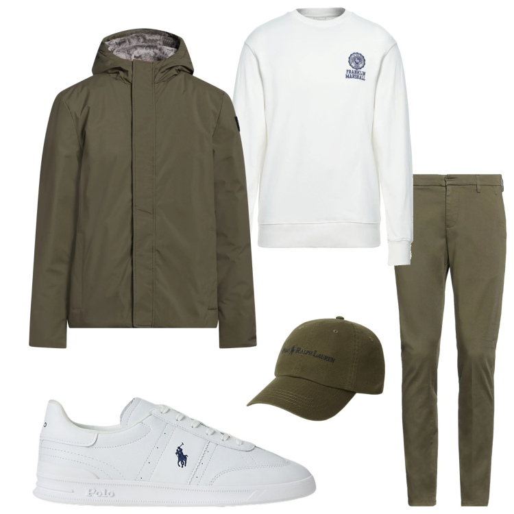 Outfit uomo - Verde militare. Stile Urban per Tutti i giorni. Abbinamento con giacche, pantaloni chino, felpe, sneakers, cappelli.