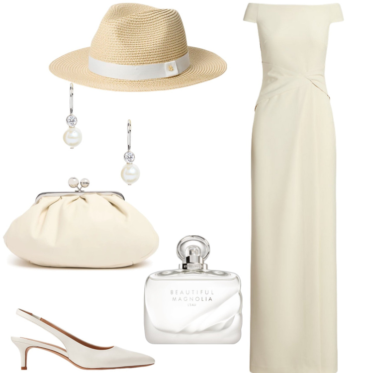 Outfit donna - La sposa più bella. Stile Chic per Cerimonia. Abbinamento con profumi, vestiti lunghi, cappelli, décolleté, orecchini, pochette.