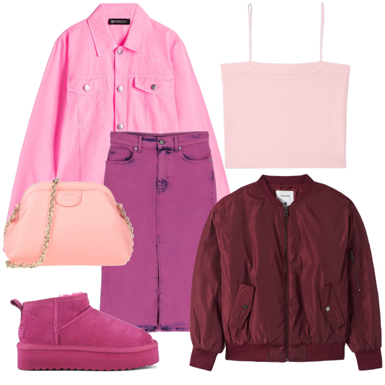 Outfit donna - Pink weekend. Stile Trendy per Tutti i giorni. Abbinamento con borse a tracolla, bomber, canottiere, blazer, gonne, stivaletti.