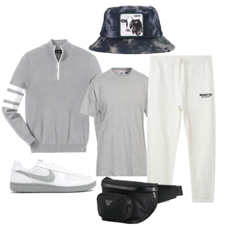Outfit uomo - Camminata nel parco. Stile Casual per Sport. Abbinamento con t-shirt sportive, t-shirt, borse sportive, pantaloni sportivi, sneakers, cappelli.