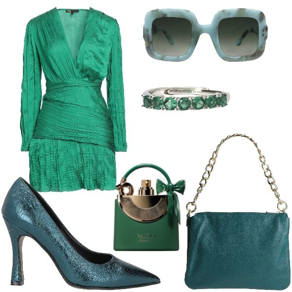Outfit donna - le diverse tonalità di verde. Stile Glamour per Tutti i giorni. Abbinamento con borse a mano, occhiali da sole, vestiti corti, décolleté, profumi, anelli.