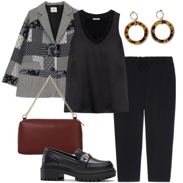 Outfit donna - La giacca patchwork. Stile Bon Ton per Ufficio. Abbinamento con mocassini, blazer, orecchini, borse a tracolla, top, pantaloni.