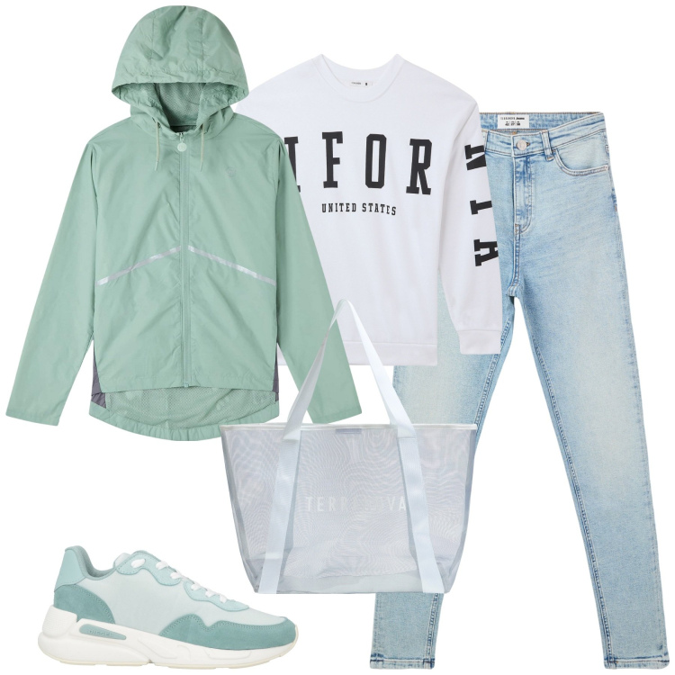 Outfit donna - City. Stile Casual per Tutti i giorni. Abbinamento con sneakers, jeans skinny, blazer, shopping bag, felpe.