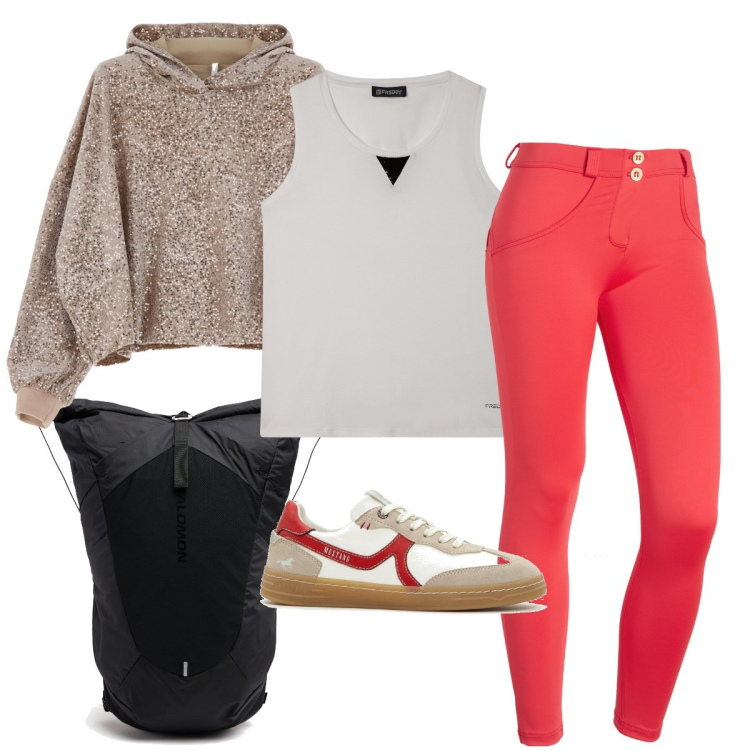 Outfit donna - Al corso di danza. Stile Sporty chic per Sport. Abbinamento con sneakers, felpe con cappuccio, pantaloni skinny, canottiere, zaini.