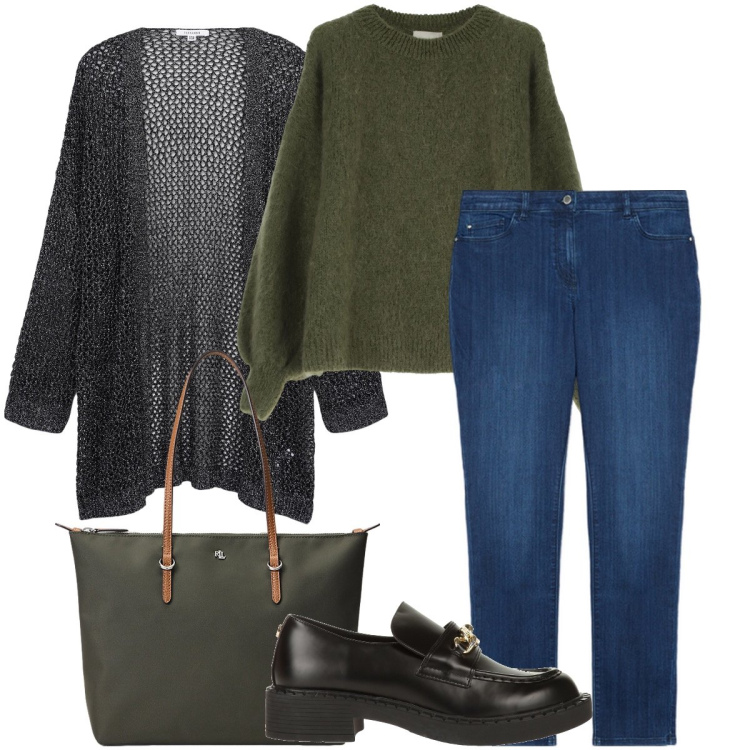 Outfit donna - Dettagli color muschio. Stile Casual chic per Tutti i giorni. Abbinamento con mocassini, kimono, maglieria, borse tote, jeans skinny.