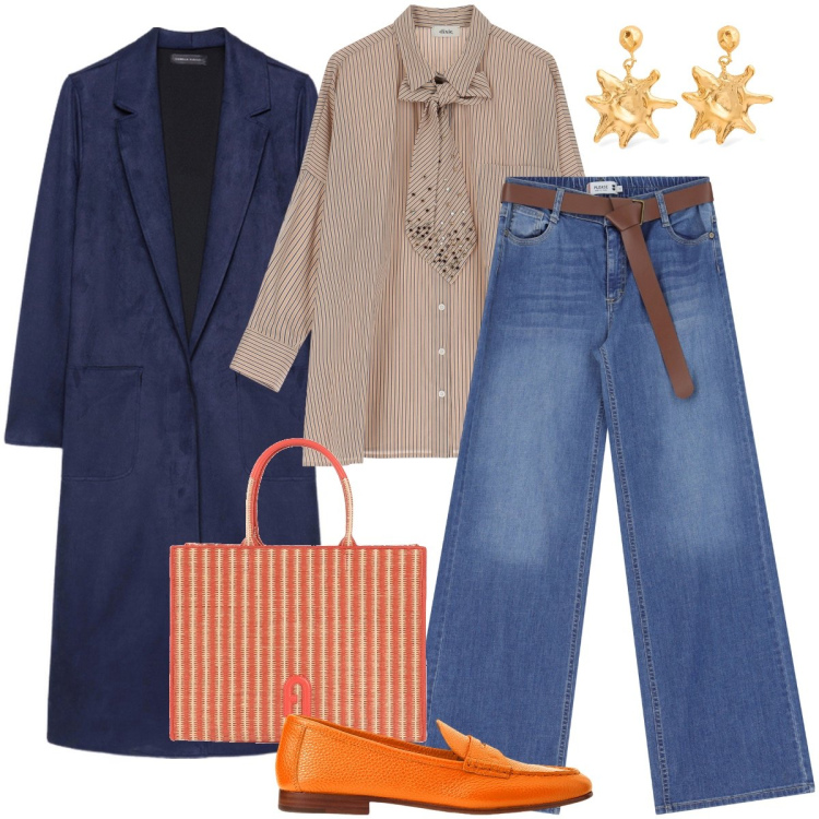 Outfit donna - Toni vivaci. Stile Trendy per Ufficio. Abbinamento con borse a mano, jeans, camicie, mocassini, trench, orecchini.
