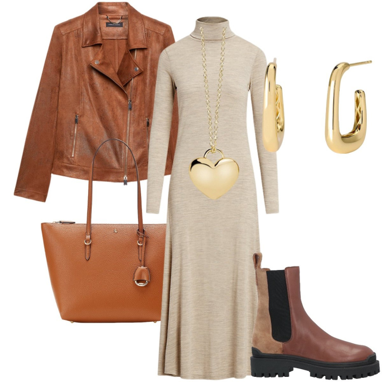 Outfit donna - Il chiodo marrone. Stile Urban per Tutti i giorni. Abbinamento con stivaletti, collane, orecchini, borse tote, vestiti, blazer.