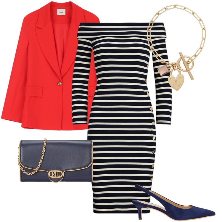 Outfit donna - L’abito a righe. Stile Bon Ton per Cerimonia. Abbinamento con blazer, vestiti lunghi, borse a tracolla, décolleté, braccialetti.