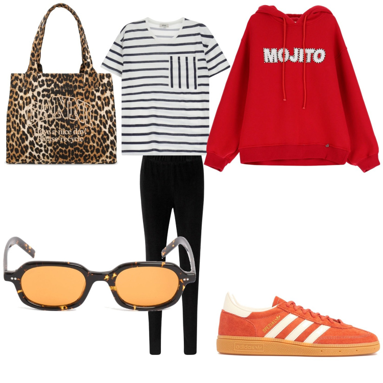 Outfit donna - A touch of trendy. Stile Sporty chic per Tutti i giorni. Abbinamento con leggings, felpe con cappuccio, t-shirt, shopping bag, occhiali da sole, sneakers.