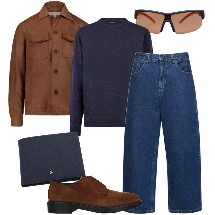 Outfit uomo - Casual nel weekend. Stile Casual per Tutti i giorni. Abbinamento con scarpe stringate, occhiali da sole, portafogli, maglieria, giacche, jeans.