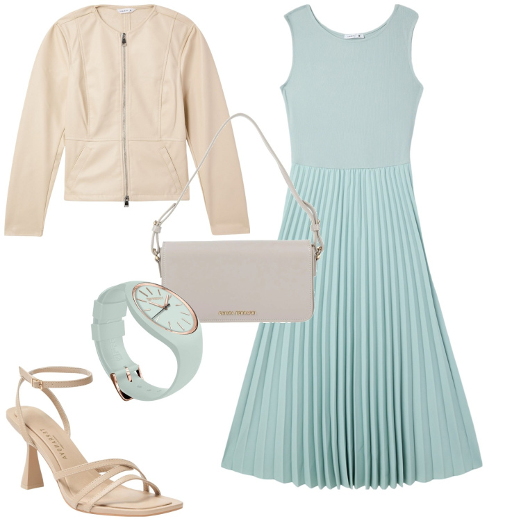 Outfit donna - Verde acqua. Stile Urban per Tutti i giorni. Abbinamento con borse a mano, vestiti lunghi, blazer, sandali col tacco, orologi.