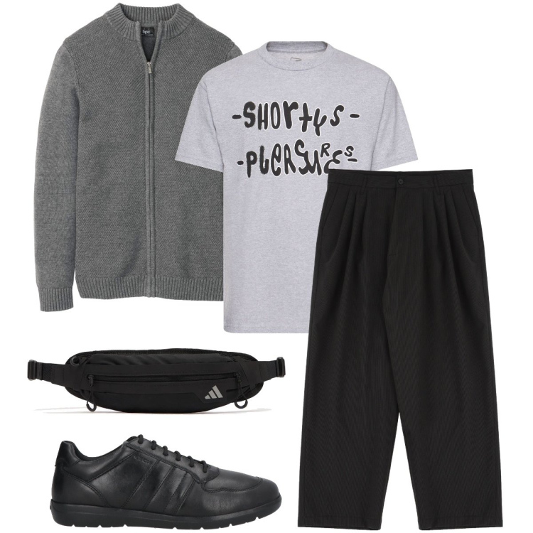 Outfit uomo - Trendy in ufficio. Stile Trendy per Ufficio. Abbinamento con cardigans, sneakers, pantaloni, borse sportive, t-shirt.