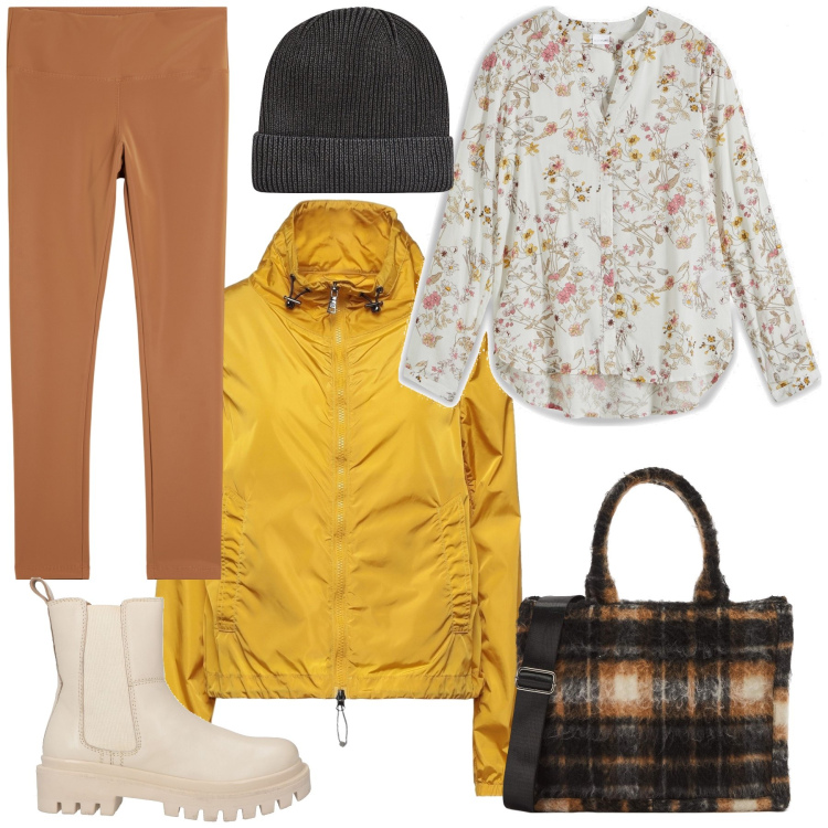 Outfit donna - Pioggia di fine febbraio. Stile Casual per Tutti i giorni. Abbinamento con camicie, blazer, stivaletti chelsea, shopping bag, berretti, pantaloni.