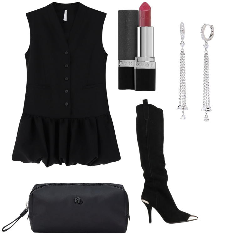 Outfit donna - Petite robe noire rivisitata. Stile Glamour per Serata fuori. Abbinamento con stivali, rossetti, orecchini, vestiti corti, pochette.