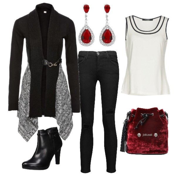 Outfit donna - Sicura di te. Stile Trendy per Tutti i giorni. Abbinamento con cardigans, pantalone gamba cono a coste con zip in velluto tinta unita, borsa a tracolla mini con coulisse interno foderato in velluto tinta unita, top collo tondo jersey, scarpe col tacco nero, orecchini pendenti con zirconia in sterling 925 ipoallergenico argento e bianco.